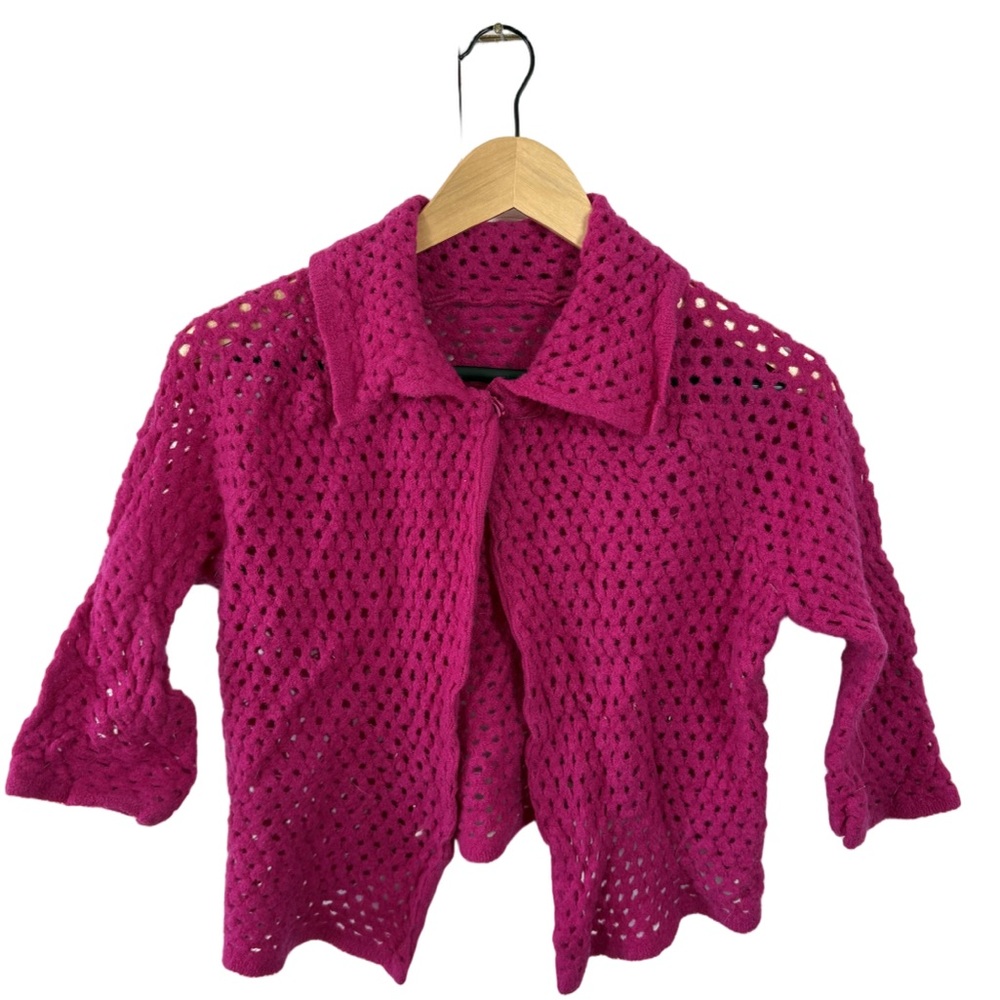 Bright Pink Open Knit Cropped Cardigan Sweater Short Sleeve